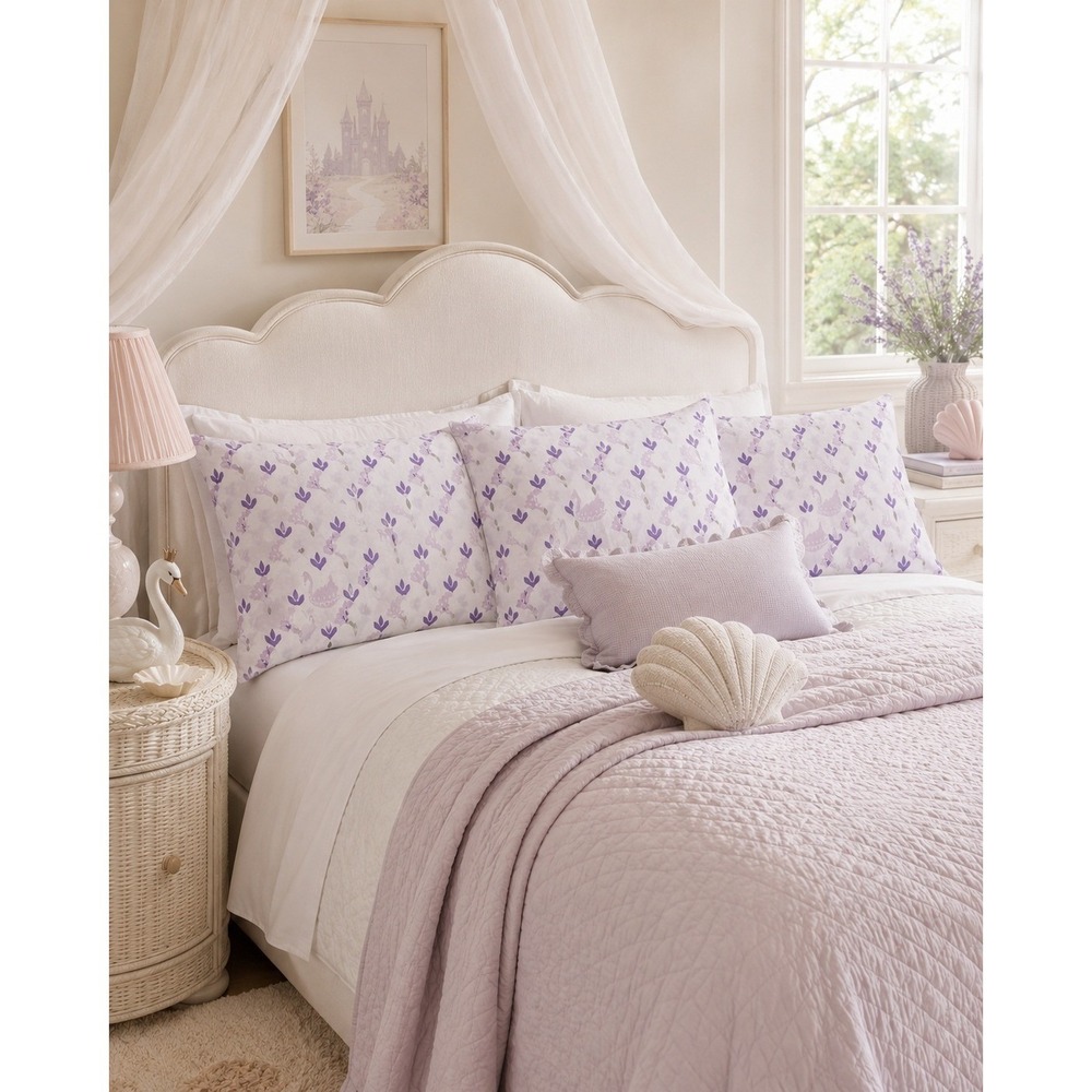 Pottery Barn Kids Keira Swan Lavender White Purple Pillowcases Set 3 Cotton NWOT